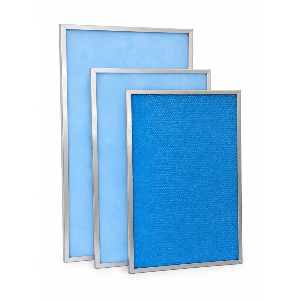 Three 24-gauge galvanized steel air filter frames, one holding blue polyester filter media