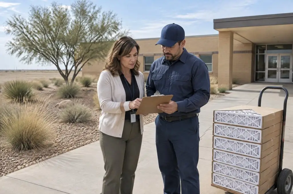 Facility manager and filter technician reviewing a filter list outside a West Texas school