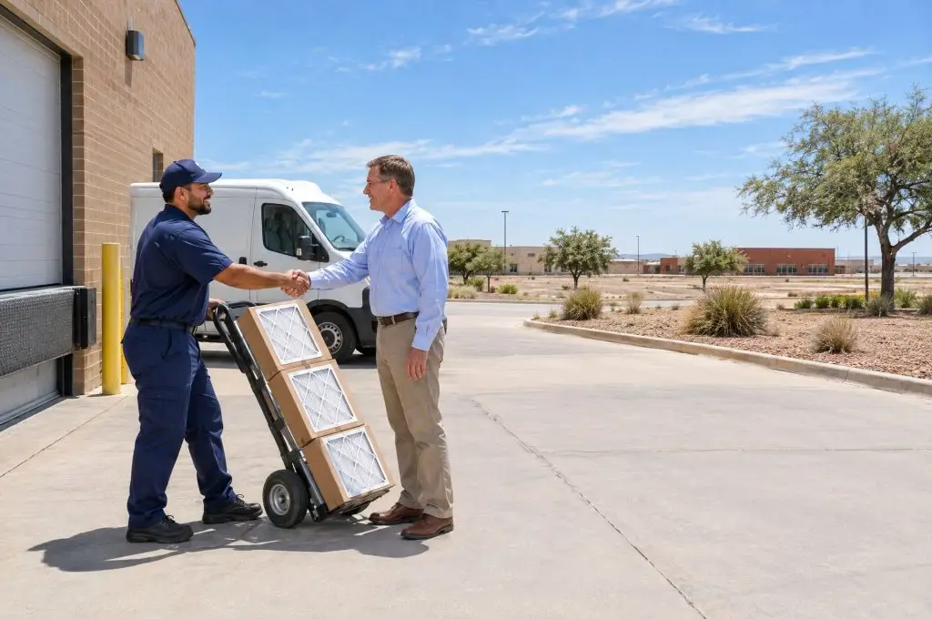 Driver delivering labeled boxes of air filters to a facility manager at the loading dock