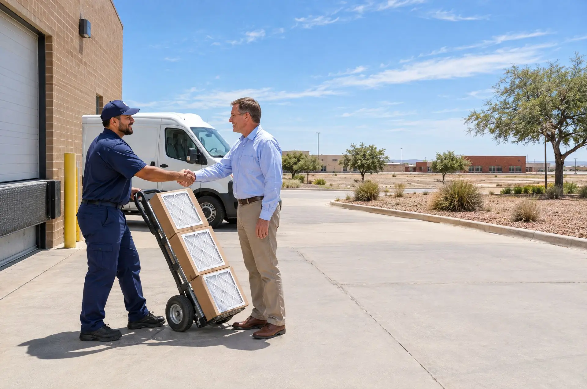 Driver delivering labeled boxes of air filters to a facility manager at the loading dock