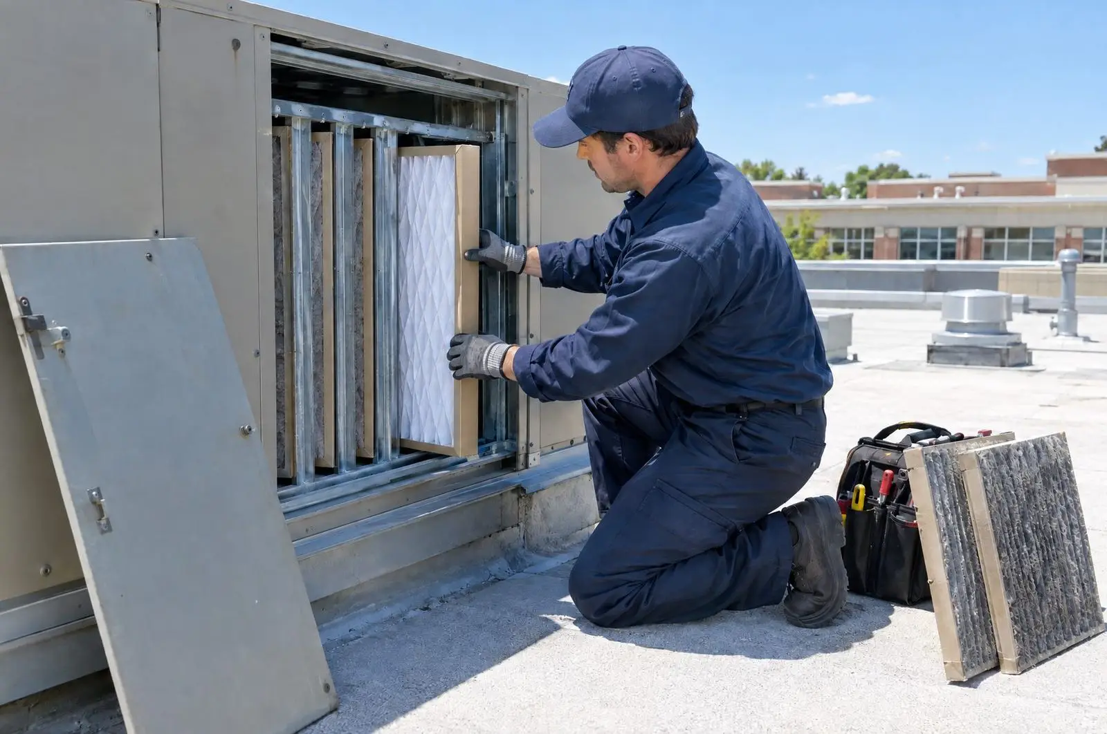 Technician sliding a new pleated filter into a rooftop unit's filter rack