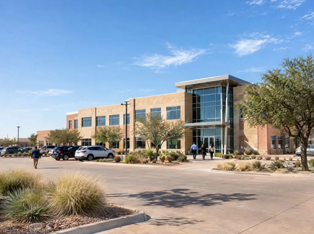 Modern glass office building with people walking in