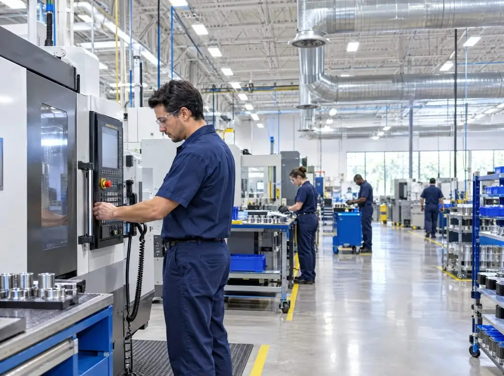 Worker operating a machine in a clean, well-ventilated manufacturing facility
