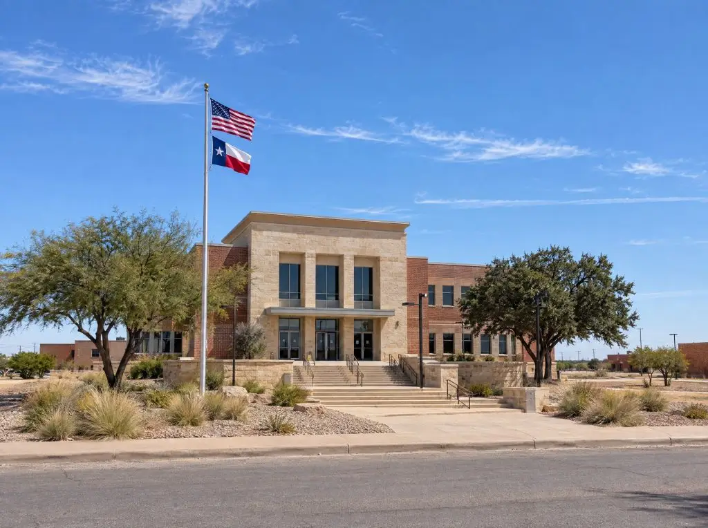Municipal government building with front steps and lawn