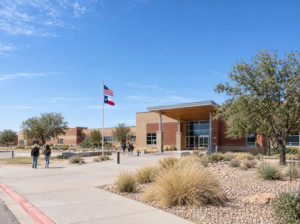 Modern school campus building on a sunny day