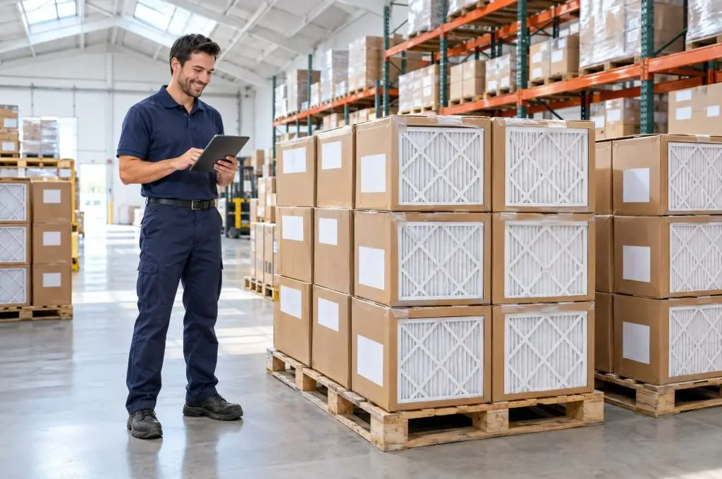 Labeled boxes of air filters staged on pallets for delivery