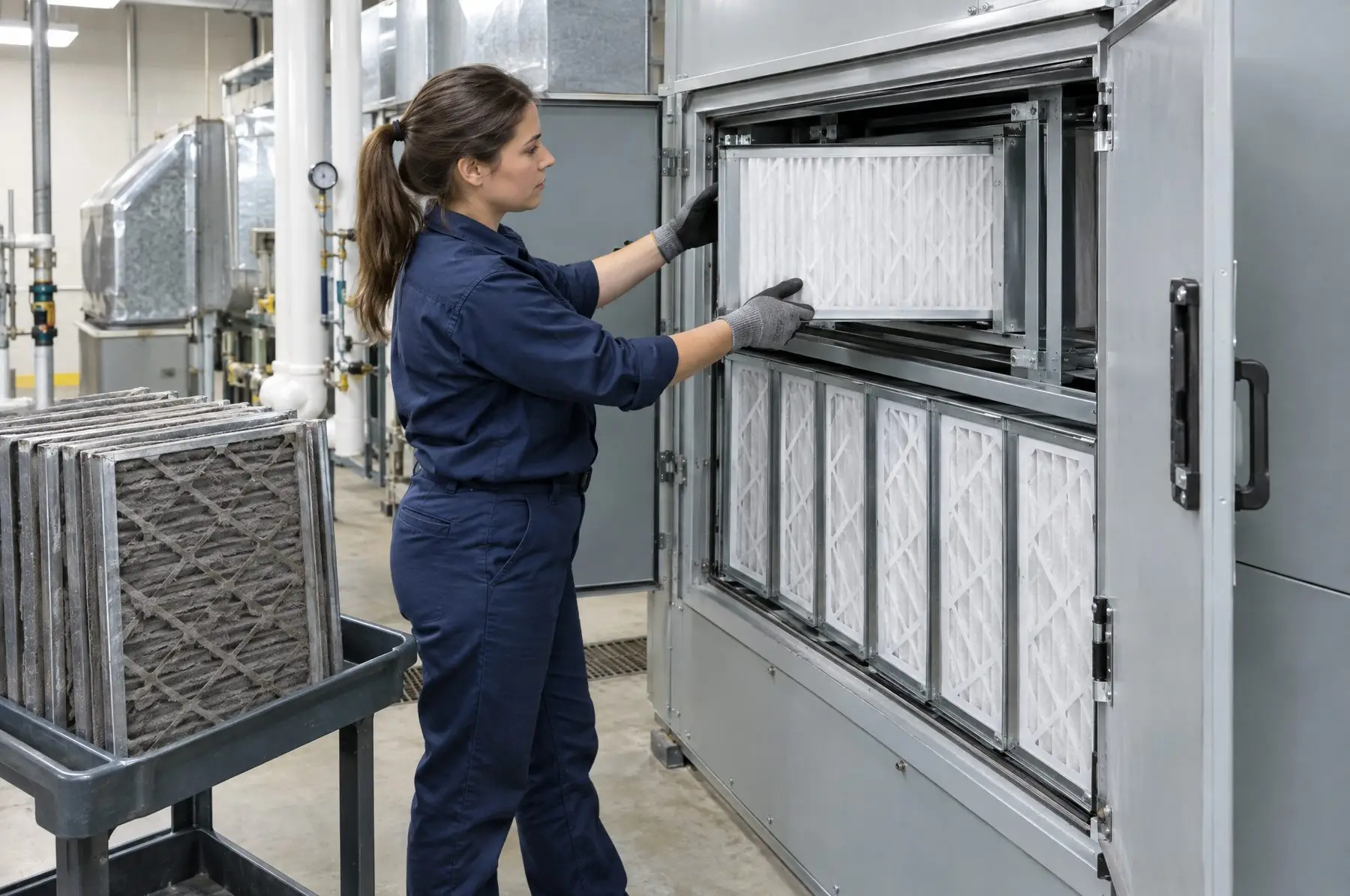 Technician sliding a new pleated filter into the filter rack of a school air handler